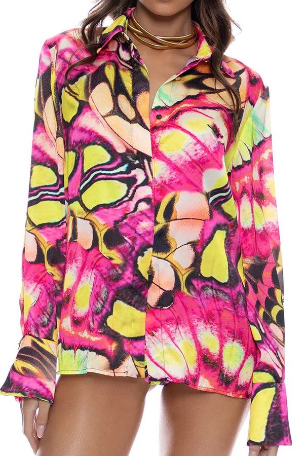 Luli Fama Flutter Button Down Deep Cuff Blouse